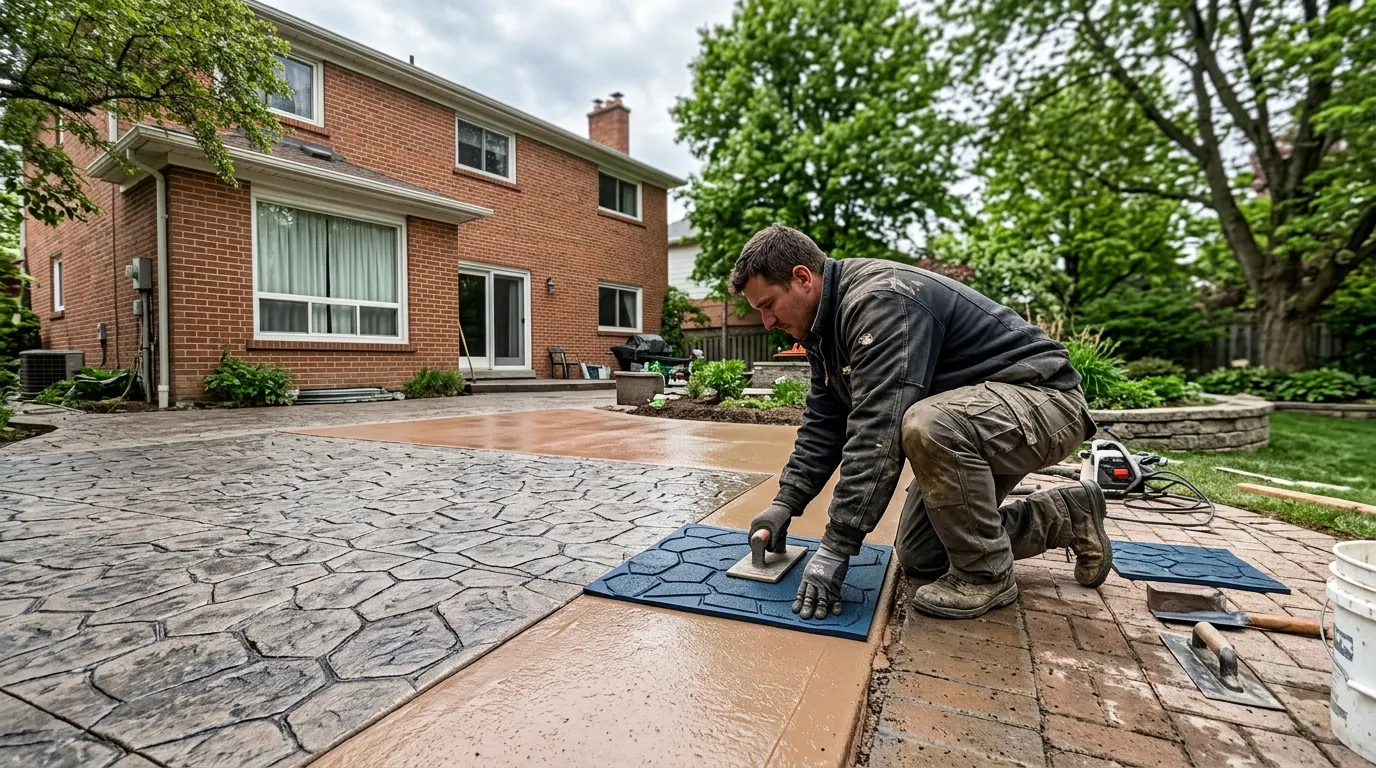 Stamping a decorative pattern into a fresh patio pour